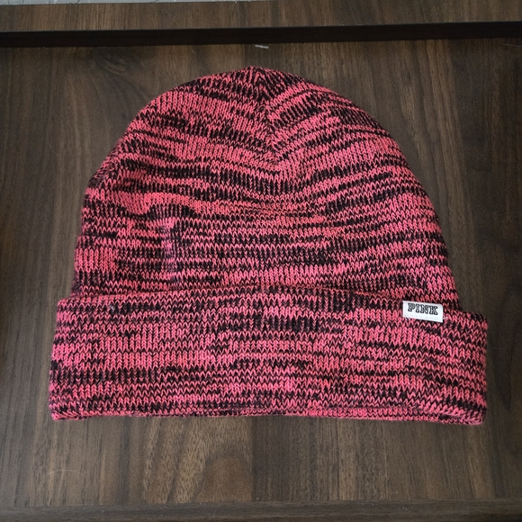 PINK Victoria's Secret Accessories - Victoria's Secret PINK Beanie Hat Pink & Black Knit OS Stretch Ribbed Winter Cap